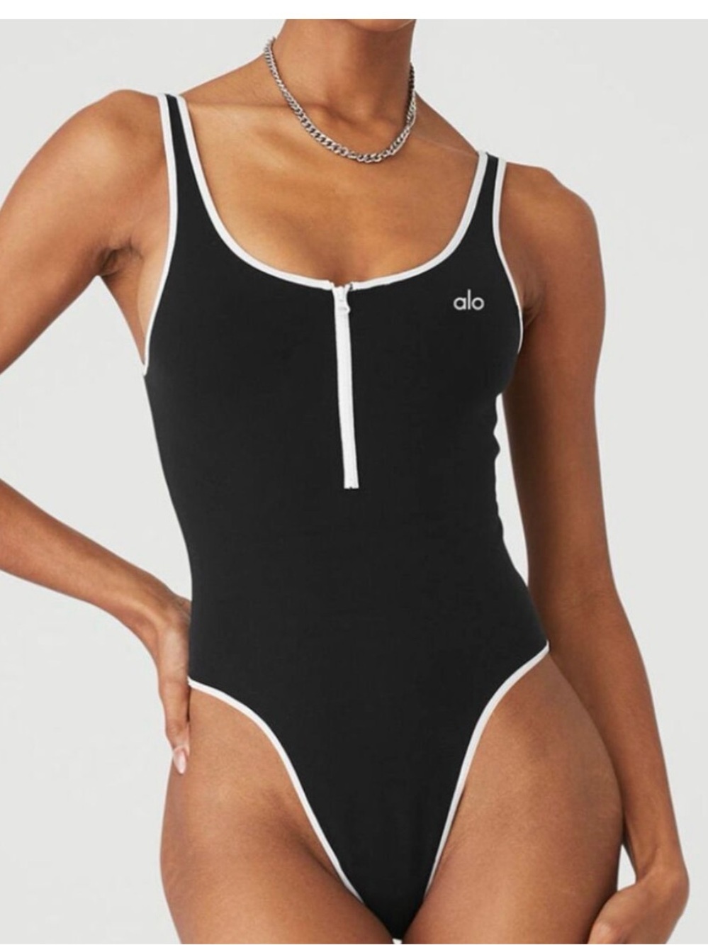 Alo Black Zip-Front One-Piece bodysuit